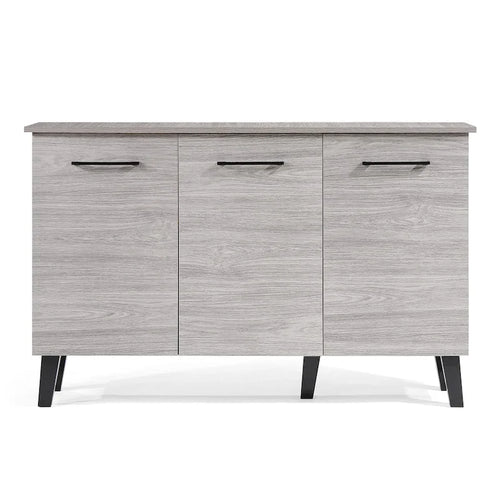 Sideboard mit 3 Türen, graue Holzmaserung, schwarze Bügelgriffe, angewinkelte Metallbeine, 46,8 Zoll