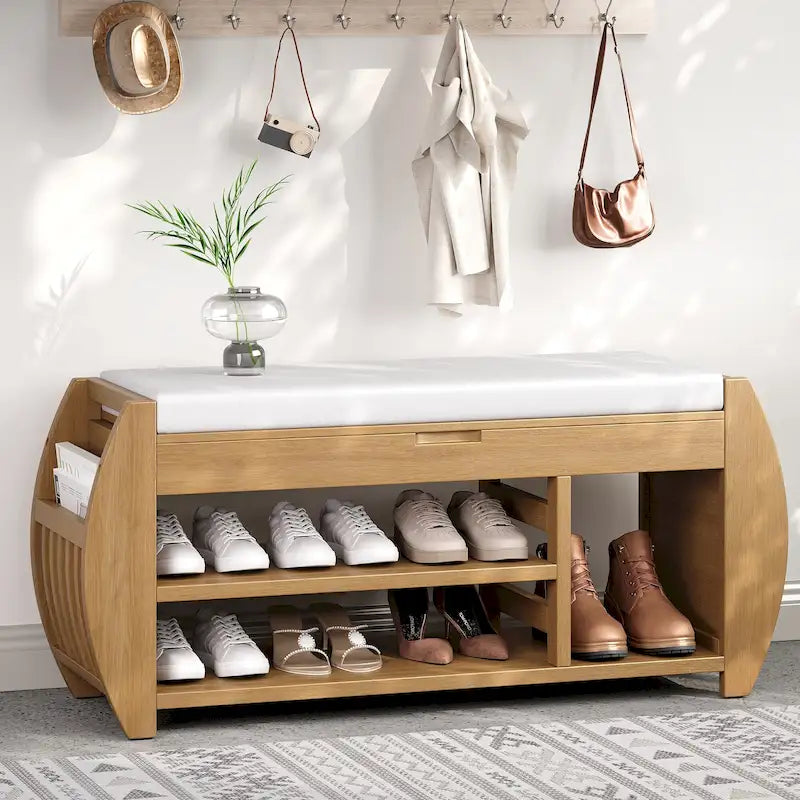 Banc de rangement rétro multifonctionnel avec coussin et panneau latéral incurvé pour l’entrée et le salon