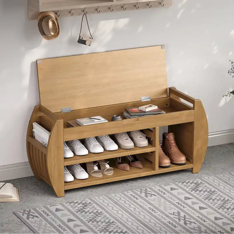 Banc de rangement rétro multifonctionnel avec coussin et panneau latéral incurvé pour l’entrée et le salon