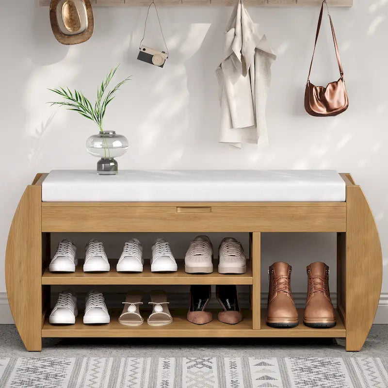Banc de rangement rétro multifonctionnel avec coussin et panneau latéral incurvé pour l’entrée et le salon