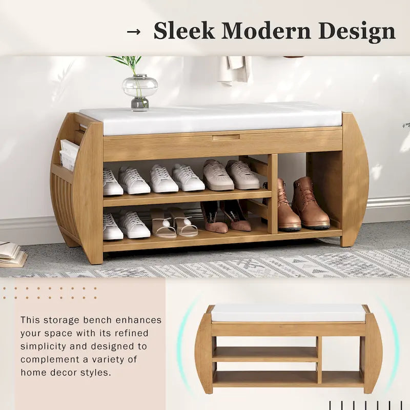 Banc de rangement rétro multifonctionnel avec coussin et panneau latéral incurvé pour l’entrée et le salon