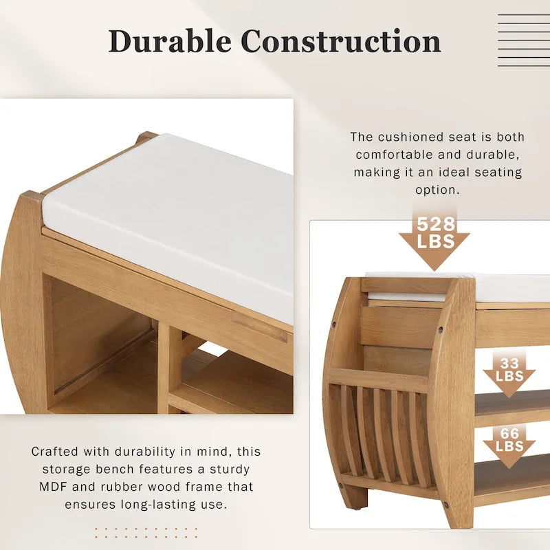 Banc de rangement rétro multifonctionnel avec coussin et panneau latéral incurvé pour l’entrée et le salon