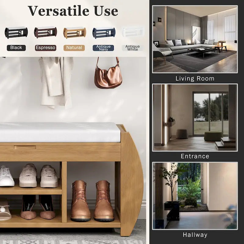 Banc de rangement rétro multifonctionnel avec coussin et panneau latéral incurvé pour l’entrée et le salon