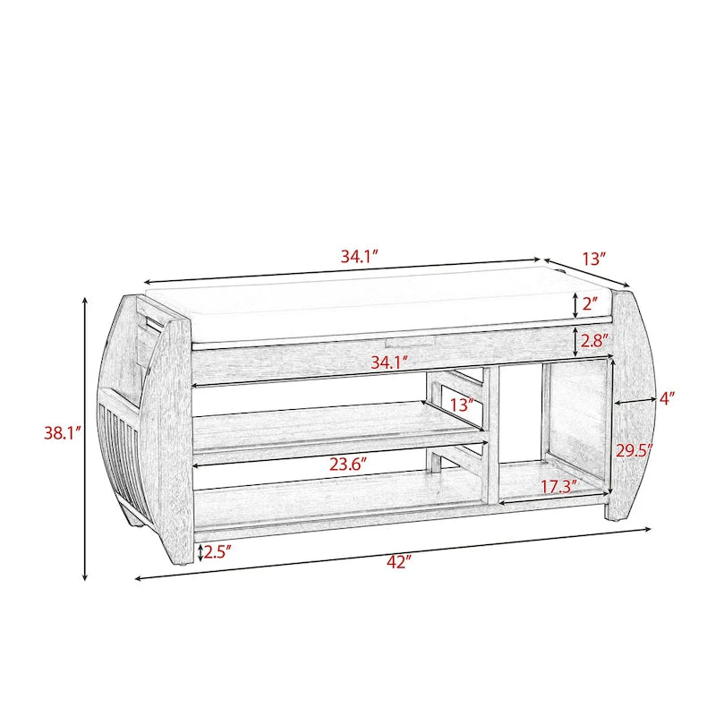 Banc de rangement rétro multifonctionnel avec coussin et panneau latéral incurvé pour l’entrée et le salon