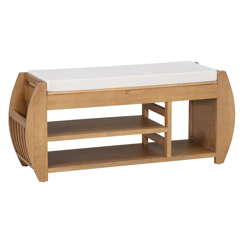 Banc de rangement rétro multifonctionnel avec coussin et panneau latéral incurvé pour l’entrée et le salon