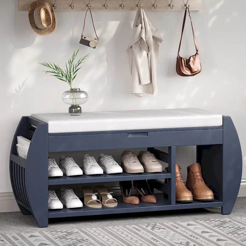 Banc de rangement rétro multifonctionnel avec coussin et panneau latéral incurvé pour l’entrée et le salon