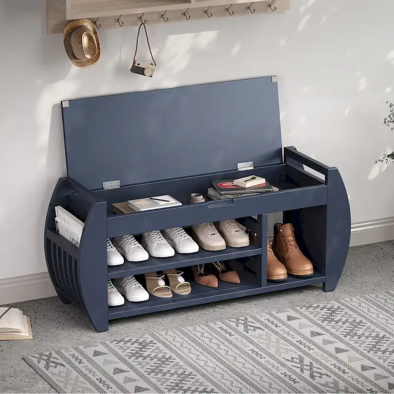 Banc de rangement rétro multifonctionnel avec coussin et panneau latéral incurvé pour l’entrée et le salon