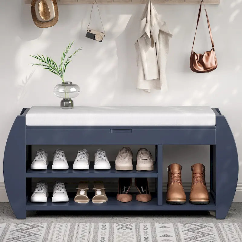 Banc de rangement rétro multifonctionnel avec coussin et panneau latéral incurvé pour l’entrée et le salon