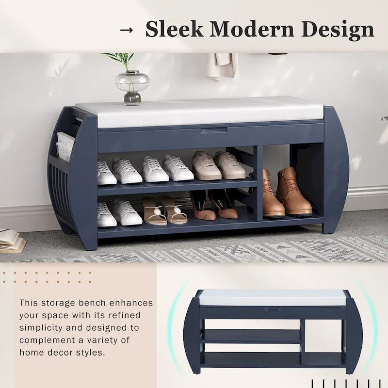 Banc de rangement rétro multifonctionnel avec coussin et panneau latéral incurvé pour l’entrée et le salon