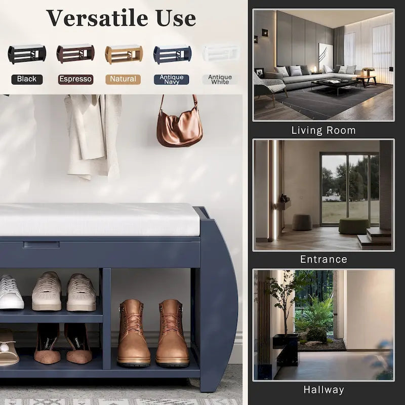 Banc de rangement rétro multifonctionnel avec coussin et panneau latéral incurvé pour l’entrée et le salon
