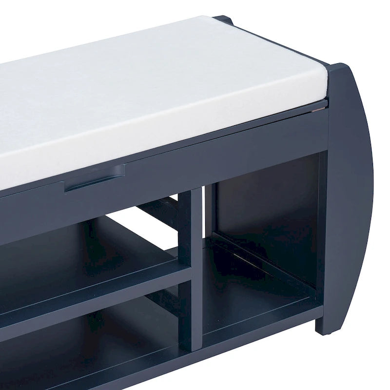 Banc de rangement rétro multifonctionnel avec coussin et panneau latéral incurvé pour l’entrée et le salon