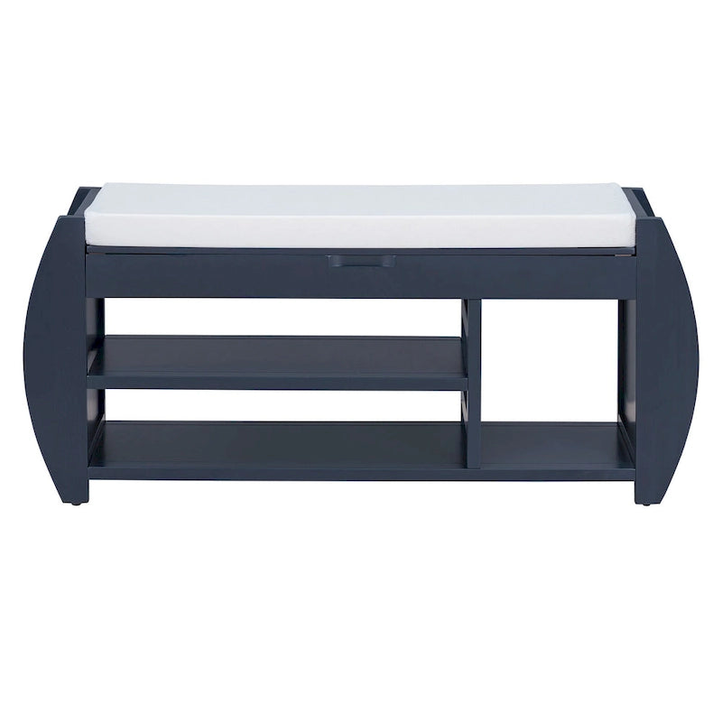 Banc de rangement rétro multifonctionnel avec coussin et panneau latéral incurvé pour l’entrée et le salon