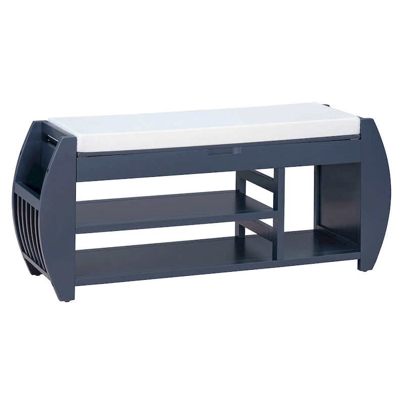 Banc de rangement rétro multifonctionnel avec coussin et panneau latéral incurvé pour l’entrée et le salon
