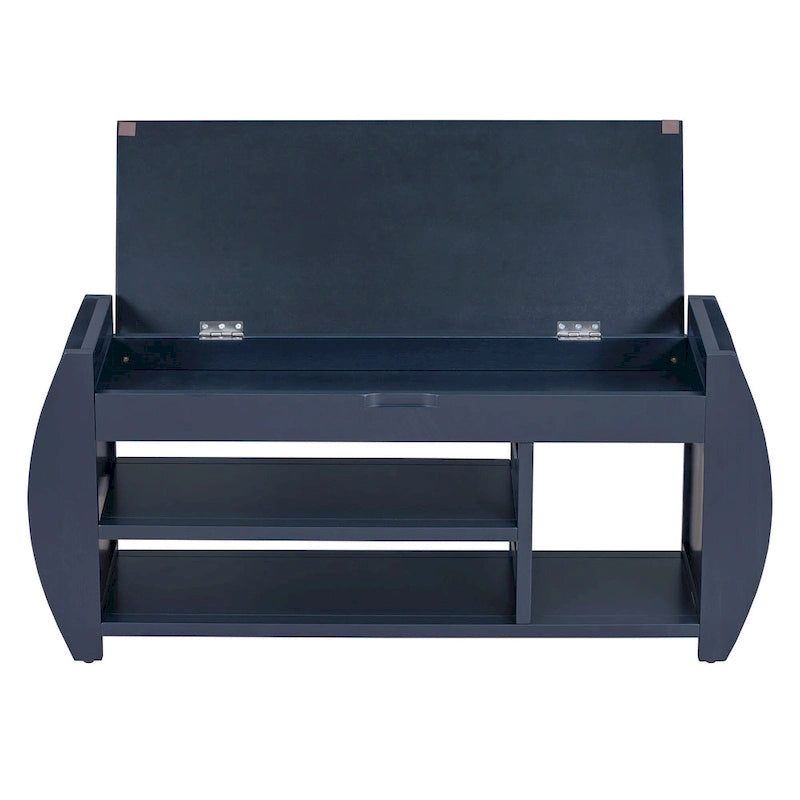 Banc de rangement rétro multifonctionnel avec coussin et panneau latéral incurvé pour l’entrée et le salon