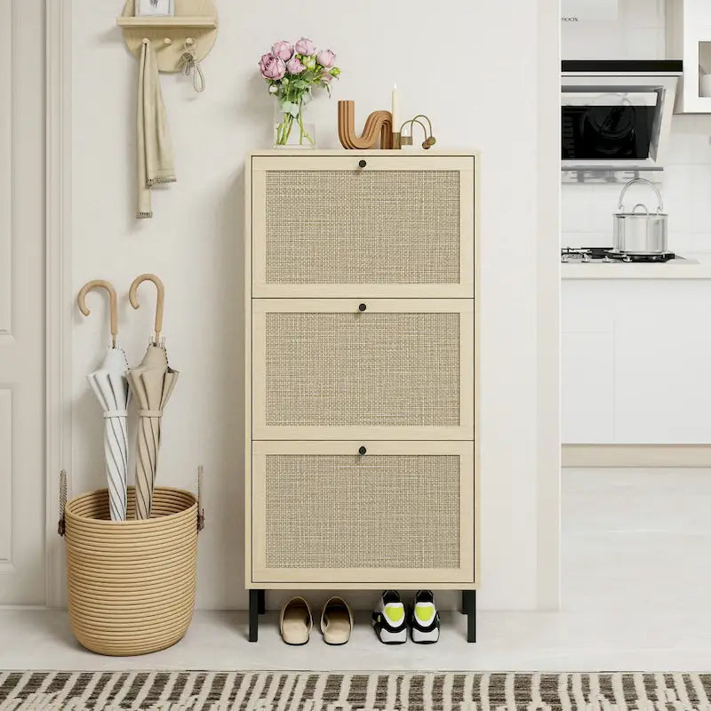 3-Tier Rattan Flip Door Shoe Cabinet Freestanding Gold Legs Black Natural
