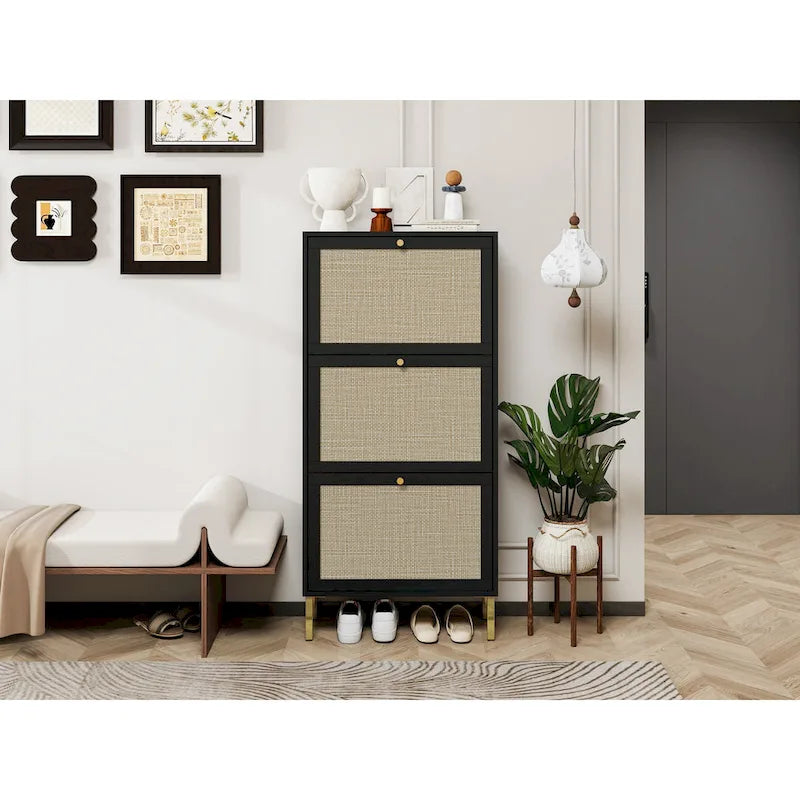 3-Tier Rattan Flip Door Shoe Cabinet Freestanding Gold Legs Black Natural