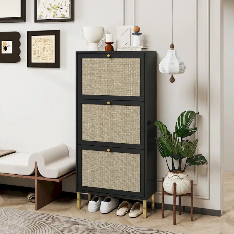 3-Tier Rattan Flip Door Shoe Cabinet Freestanding Gold Legs Black Natural