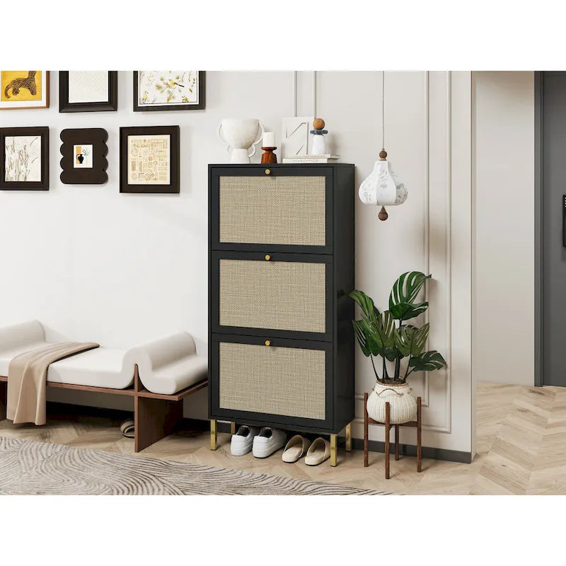 3-Tier Rattan Flip Door Shoe Cabinet Freestanding Gold Legs Black Natural