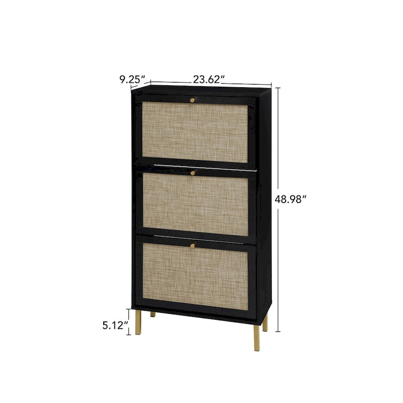 3-Tier Rattan Flip Door Shoe Cabinet Freestanding Gold Legs Black Natural