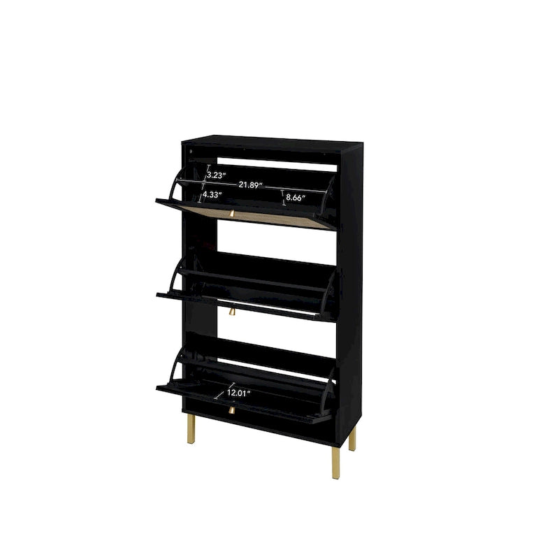 3-Tier Rattan Flip Door Shoe Cabinet Freestanding Gold Legs Black Natural