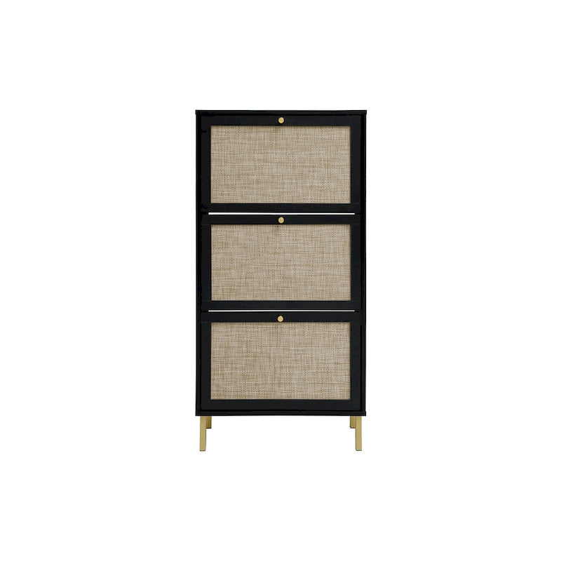 3-Tier Rattan Flip Door Shoe Cabinet Freestanding Gold Legs Black Natural