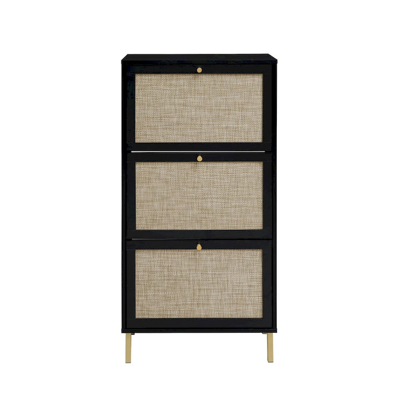 3-Tier Rattan Flip Door Shoe Cabinet Freestanding Gold Legs Black Natural