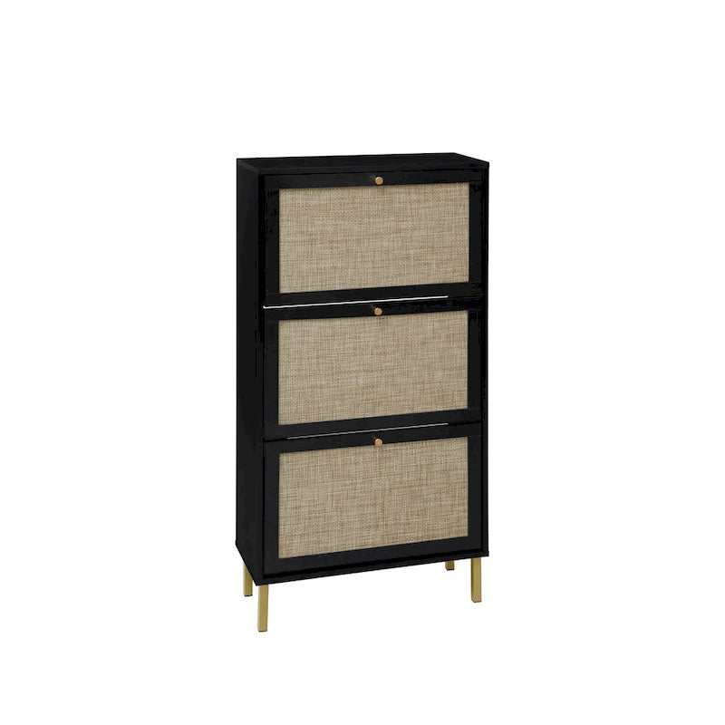 3-Tier Rattan Flip Door Shoe Cabinet Freestanding Gold Legs Black Natural