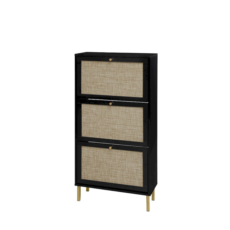 3-Tier Rattan Flip Door Shoe Cabinet Freestanding Gold Legs Black Natural