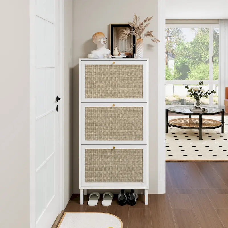 3-Tier Rattan Flip Door Shoe Cabinet Freestanding Gold Legs Black Natural