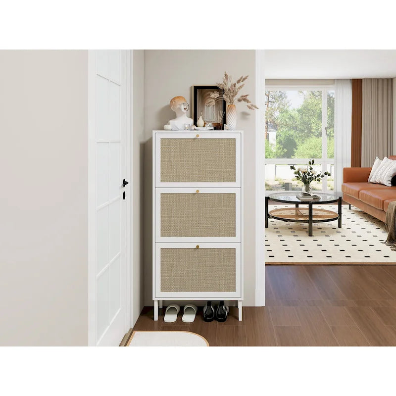 3-Tier Rattan Flip Door Shoe Cabinet Freestanding Gold Legs Black Natural
