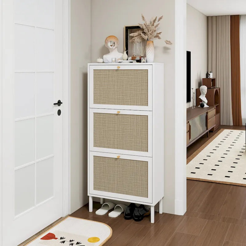 3-Tier Rattan Flip Door Shoe Cabinet Freestanding Gold Legs Black Natural