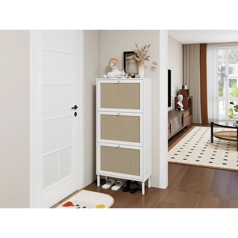 3-Tier Rattan Flip Door Shoe Cabinet Freestanding Gold Legs Black Natural