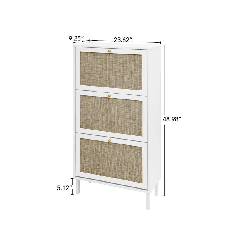 3-Tier Rattan Flip Door Shoe Cabinet Freestanding Gold Legs Black Natural