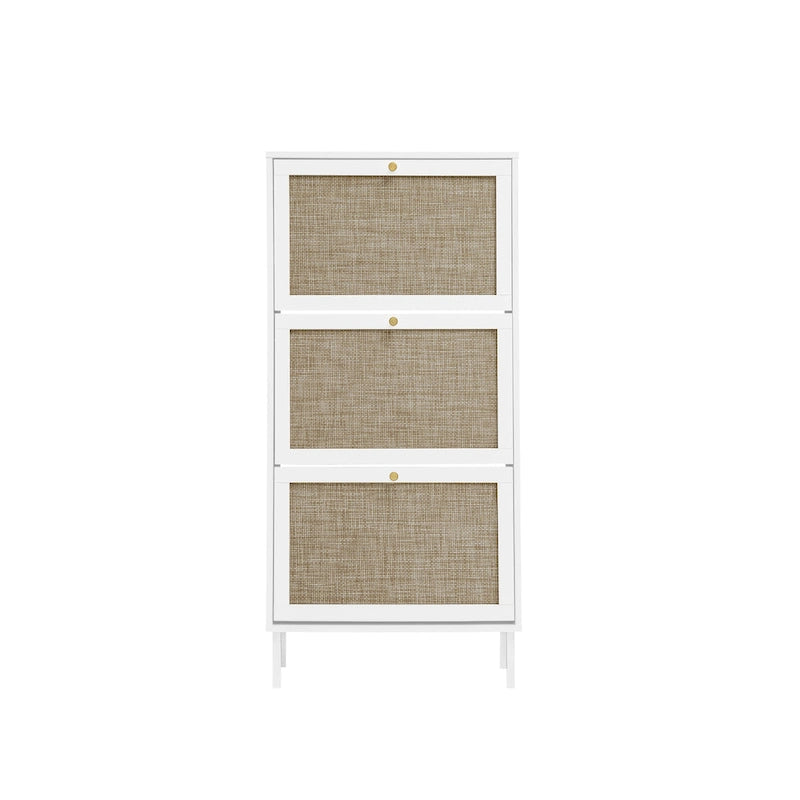 3-Tier Rattan Flip Door Shoe Cabinet Freestanding Gold Legs Black Natural