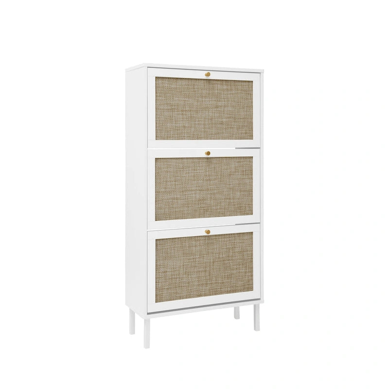 3-Tier Rattan Flip Door Shoe Cabinet Freestanding Gold Legs Black Natural