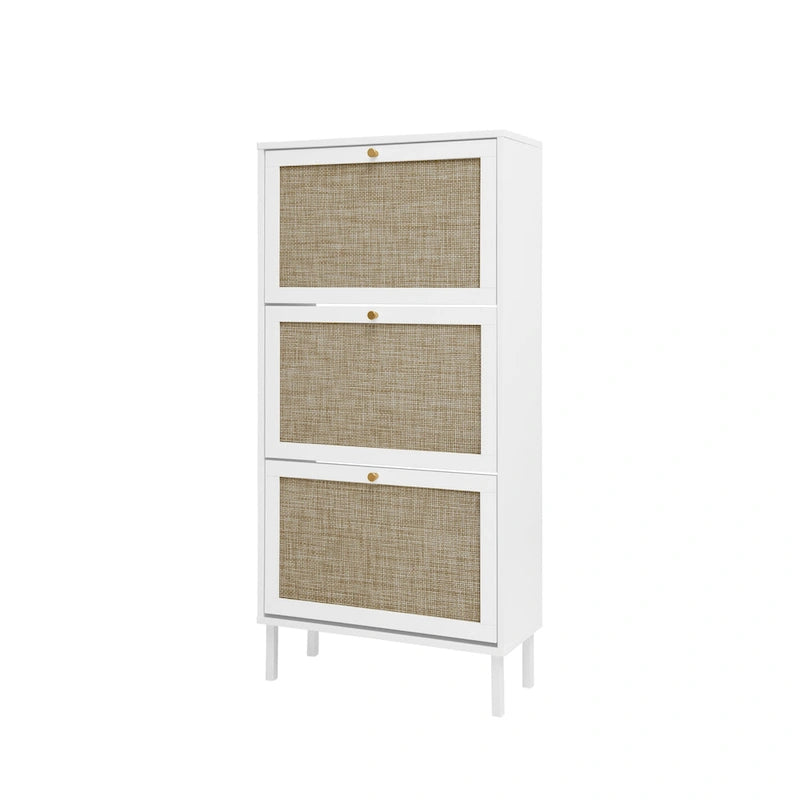 3-Tier Rattan Flip Door Shoe Cabinet Freestanding Gold Legs Black Natural