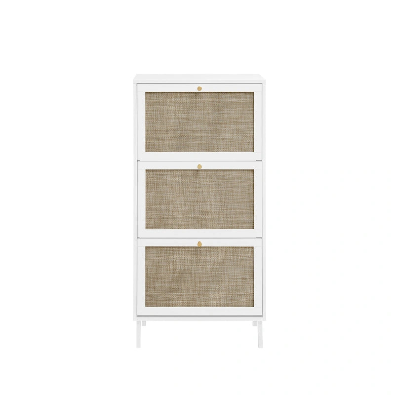 3-Tier Rattan Flip Door Shoe Cabinet Freestanding Gold Legs Black Natural