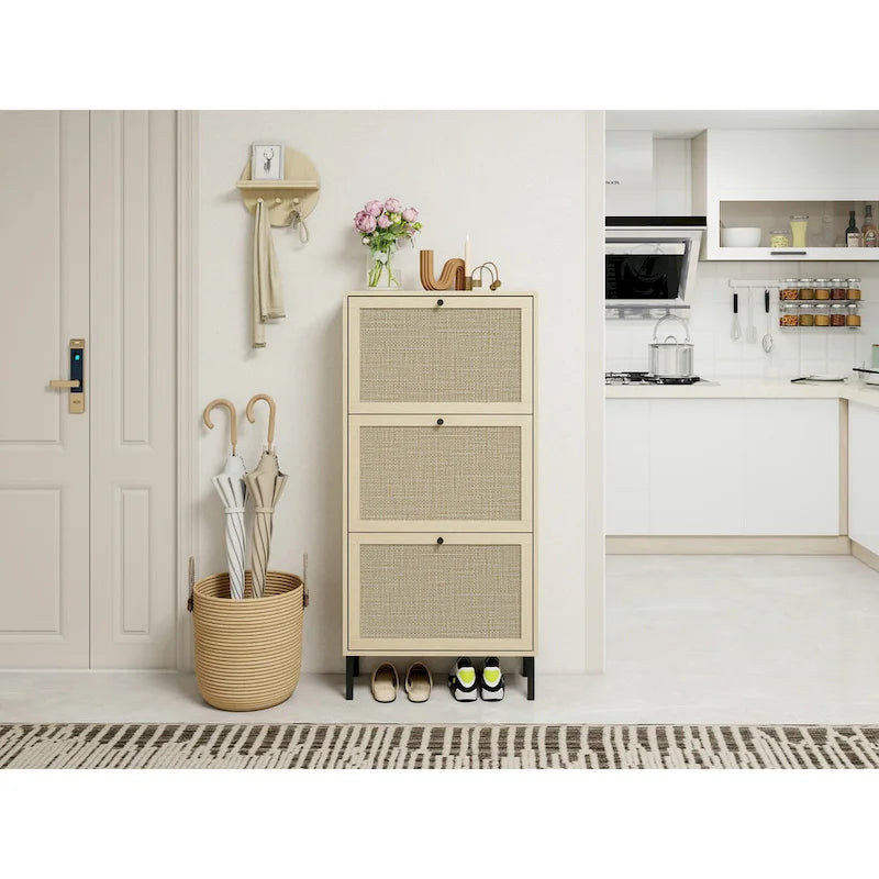3-Tier Rattan Flip Door Shoe Cabinet Freestanding Gold Legs Black Natural