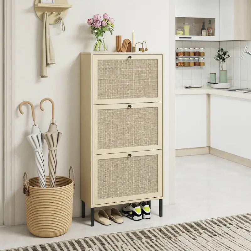 3-Tier Rattan Flip Door Shoe Cabinet Freestanding Gold Legs Black Natural
