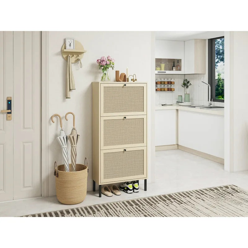 3-Tier Rattan Flip Door Shoe Cabinet Freestanding Gold Legs Black Natural