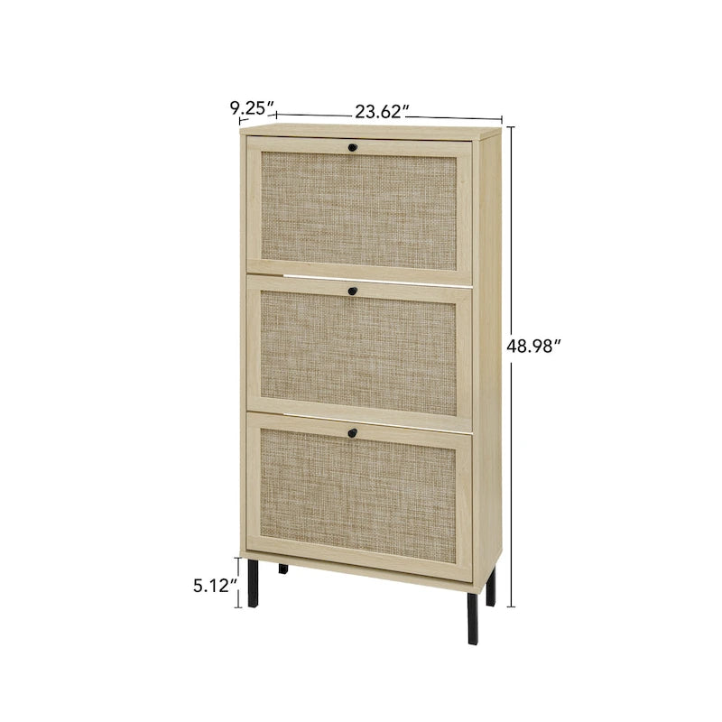 3-Tier Rattan Flip Door Shoe Cabinet Freestanding Gold Legs Black Natural