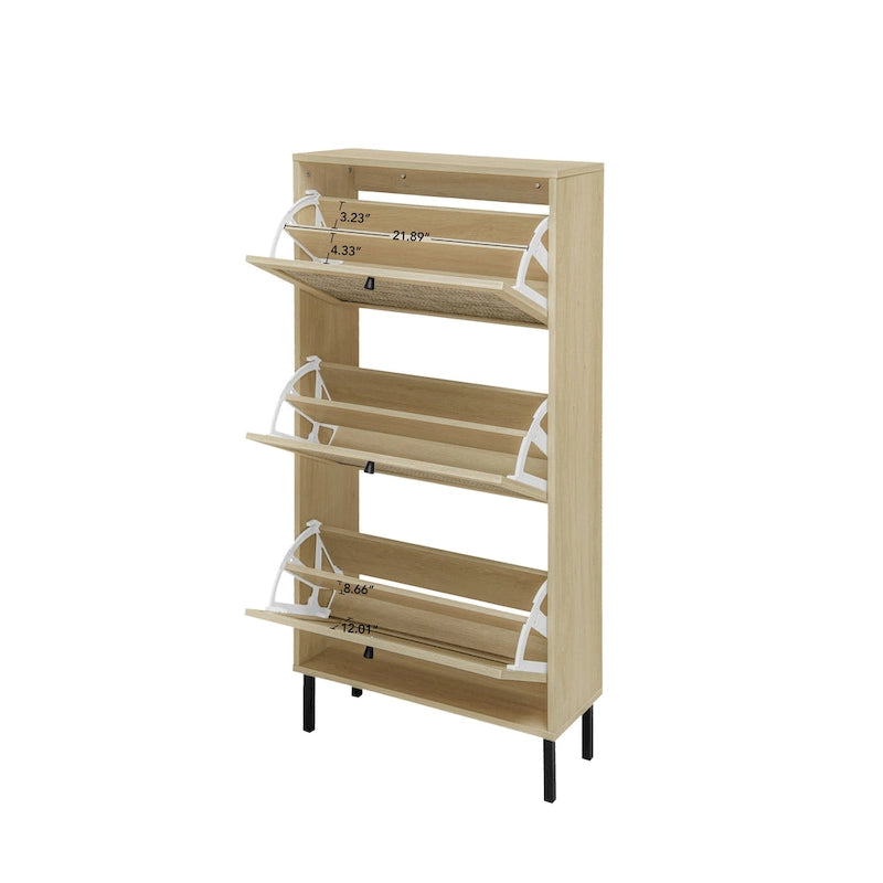 3-Tier Rattan Flip Door Shoe Cabinet Freestanding Gold Legs Black Natural