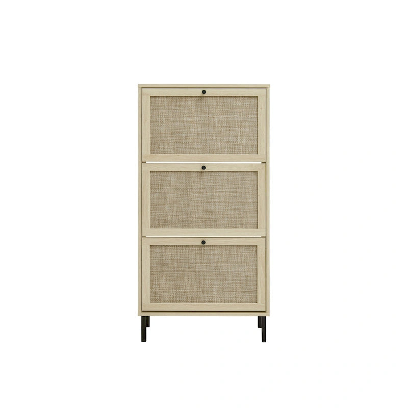 3-Tier Rattan Flip Door Shoe Cabinet Freestanding Gold Legs Black Natural