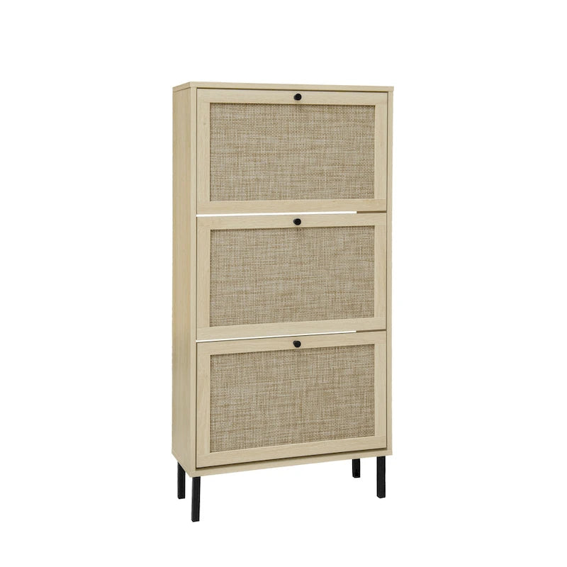 3-Tier Rattan Flip Door Shoe Cabinet Freestanding Gold Legs Black Natural