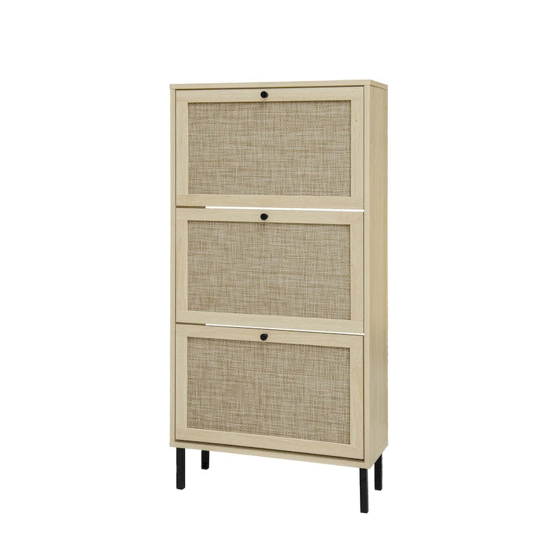 3-Tier Rattan Flip Door Shoe Cabinet Freestanding Gold Legs Black Natural