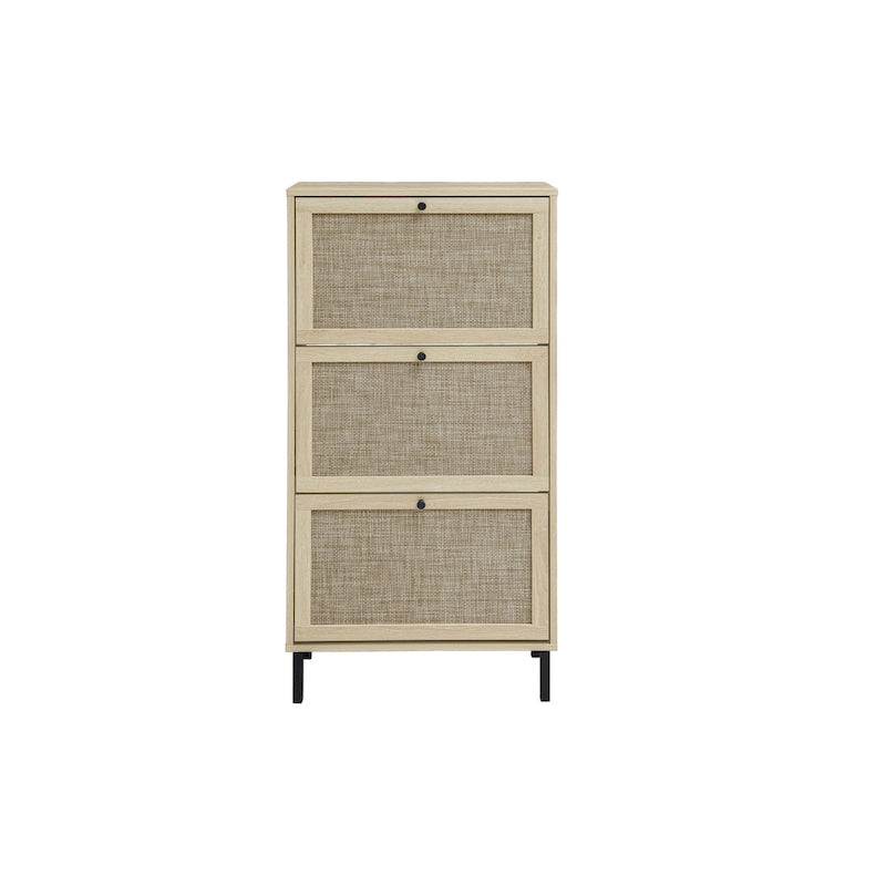 3-Tier Rattan Flip Door Shoe Cabinet Freestanding Gold Legs Black Natural