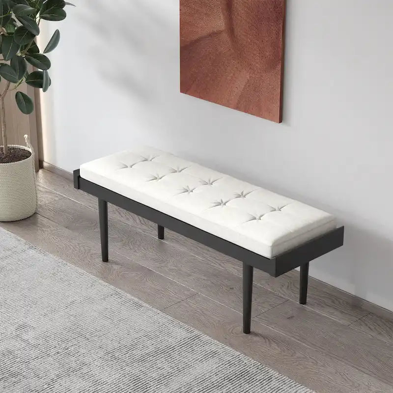 Modern Tufted Upholstered Bench Tapered Wood Legs Entryway Gray Natural