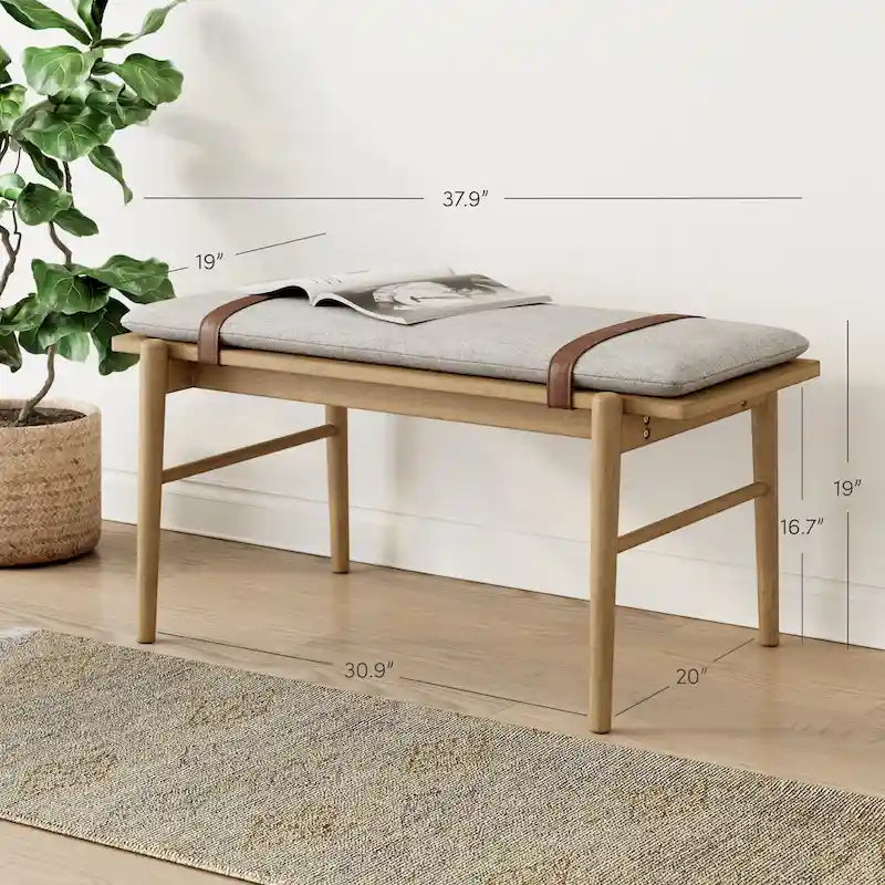 Mid-Century Solid Wood Bench Removable Cushion Leather Strap Light Brown Ivory