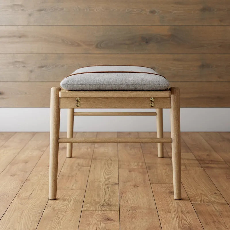 Mid-Century Solid Wood Bench Removable Cushion Leather Strap Light Brown Ivory