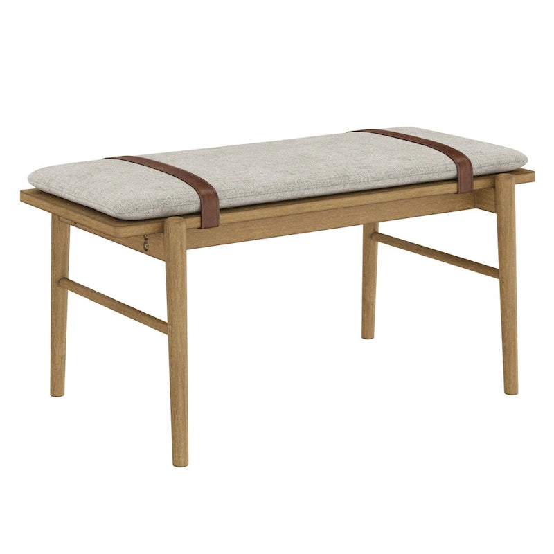Mid-Century Solid Wood Bench Removable Cushion Leather Strap Light Brown Ivory